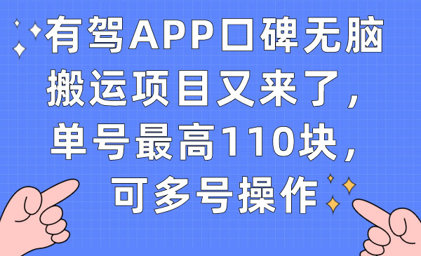 《有驾APP口碑无脑搬运项目》单号最高110块，可多号操作-柚子资源网