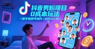 抖音男粉项目0成本玩法，一部手机即可操作，日均4张+，时间自由-柚子资源网
