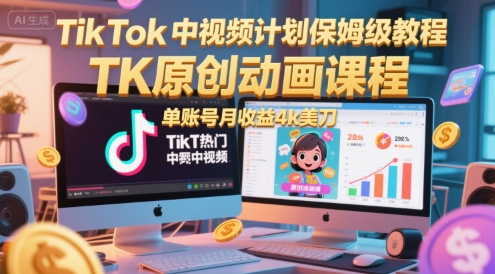 TikTok中视频计划保姆级教程，TK原创动画课程，单账号月收益4k美刀-柚子资源网