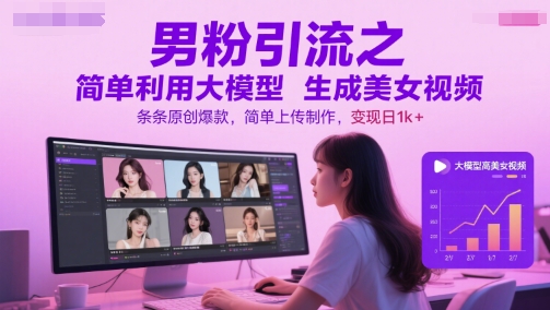 男粉引流之简单利用大模型生成美女视频，条条原创爆款，简单上传制作，变现日1k+-柚子资源网