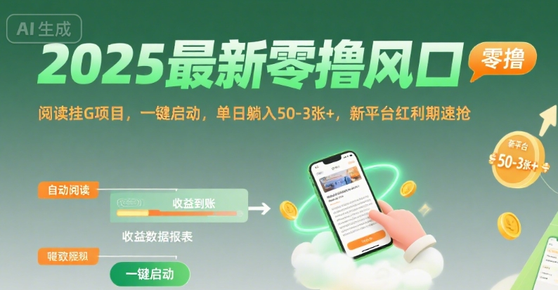 2025最新零撸风口，阅读挂G项目，一键启动，单日躺入50-3张+，新平台红利期速抢【揭秘】-柚子资源网