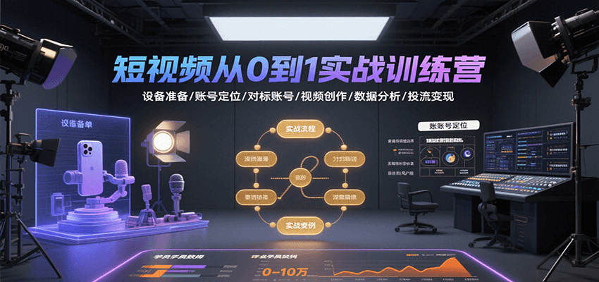 短视频从0到1实战训练营：设备准备/账号定位/对标账号/视频创作/数据分析/投流变现-柚子资源网
