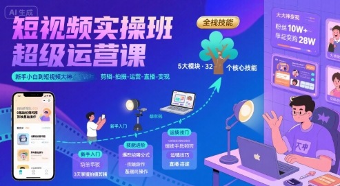 短视频实操班超级运营课，新手小白到短视频大神必修课程，剪辑-拍摄-运营-直播-变现-柚子资源网