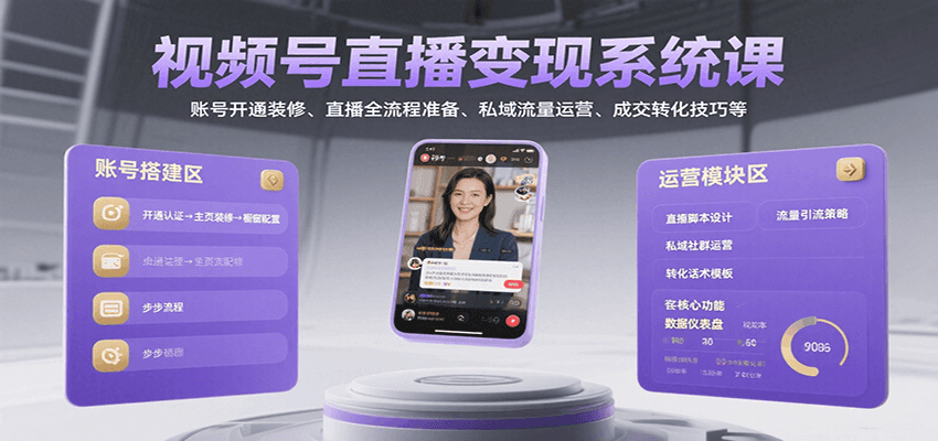 视频号直播变现系统课，账号开通装修、直播全流程准备、私域流量运营、成交转化技巧等-柚子资源网