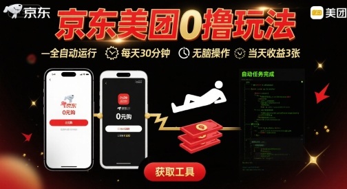 京东美团平台最新0撸玩法，全自动挂G，每天30分钟，无脑操作，当天收益3张【揭秘】-柚子资源网