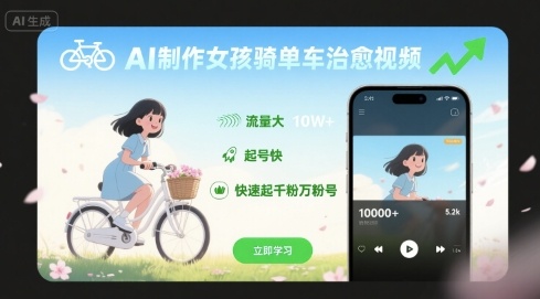 AI制作女孩骑单车治愈视频，流量大，起号快，快速起千粉万粉号-柚子资源网
