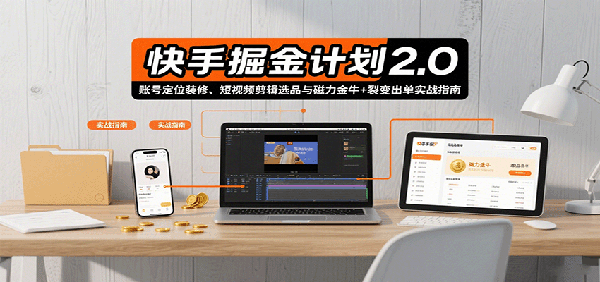 快手掘金计划2.0，账号定位装修、短视频剪辑选品与磁力金牛+裂变出单实战指南-柚子资源网