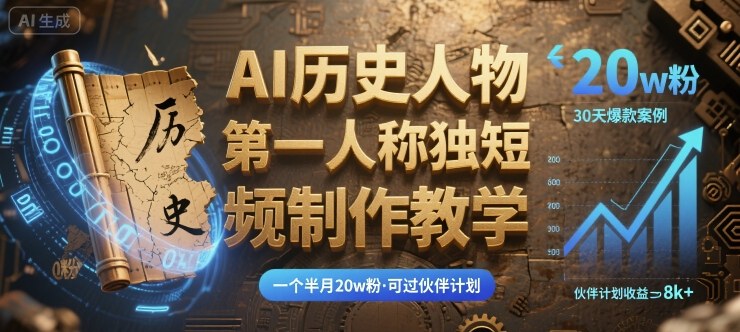 最新AI历史人物第一人称独白短视频制作教学，一个半月20w粉，可过伙伴计划-柚子资源网