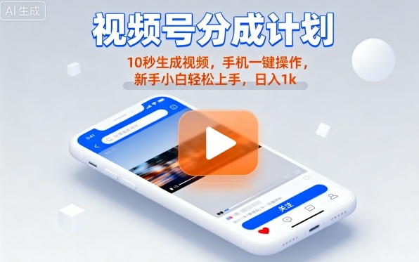 视频号分成计划懒人玩法，10秒生成视频，手机一键操作，新手小白轻松上手，日入1K【揭秘】-柚子资源网