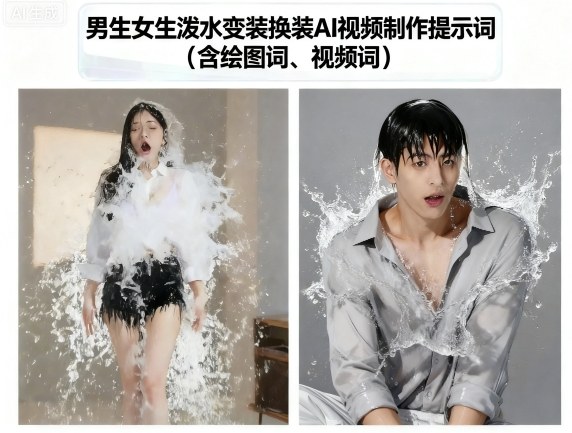 男生女生泼水变装换装AI视频制作提示词(含绘图词、视频词)-柚子资源网